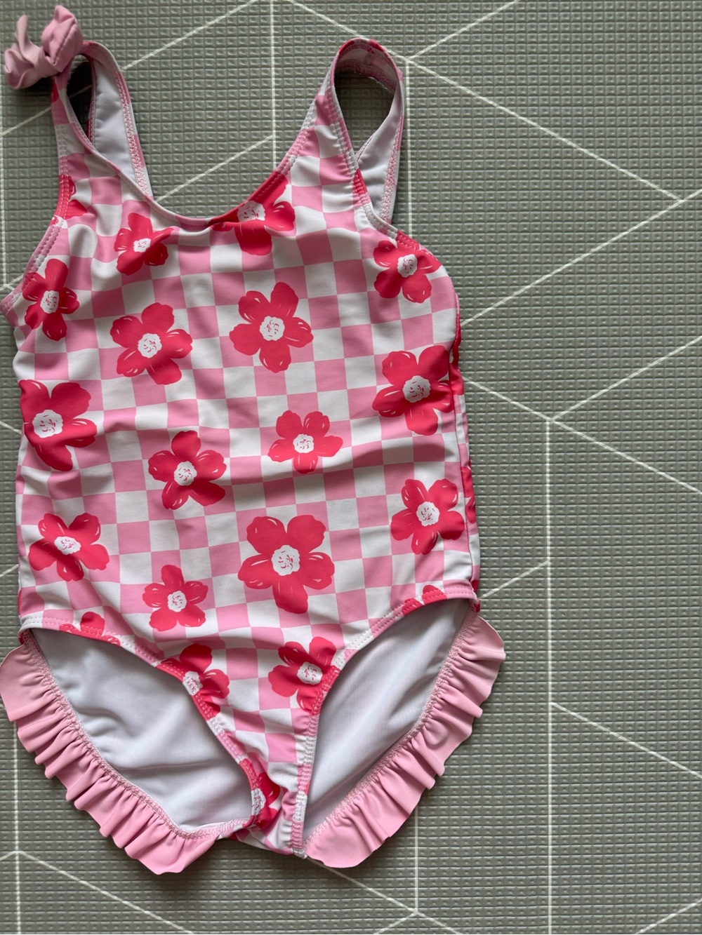 Small shop|Big girl swimsuit,Pink Floral Checkerboard One-Piece Swimsuit,boho•7 - Picture 5 of 7